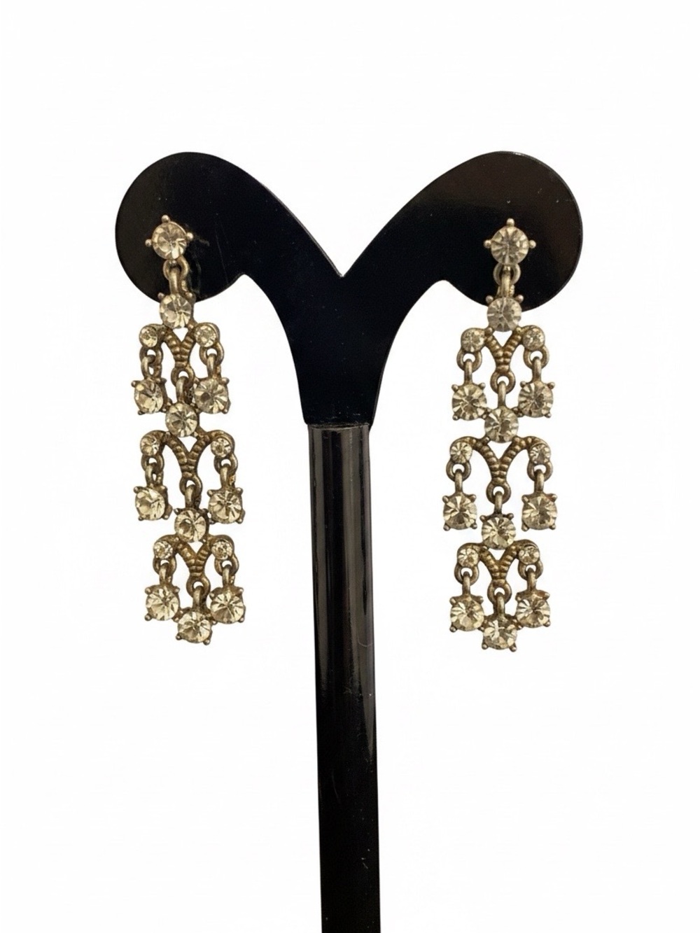 Vintage Gold Tone Clear Rhinestone Chandelier Dangle Earrings